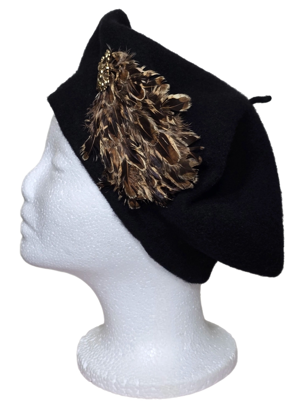 Acfex Knitwear 100% Wool Basque Beret Black Feather Gold Accent One Size Vintage